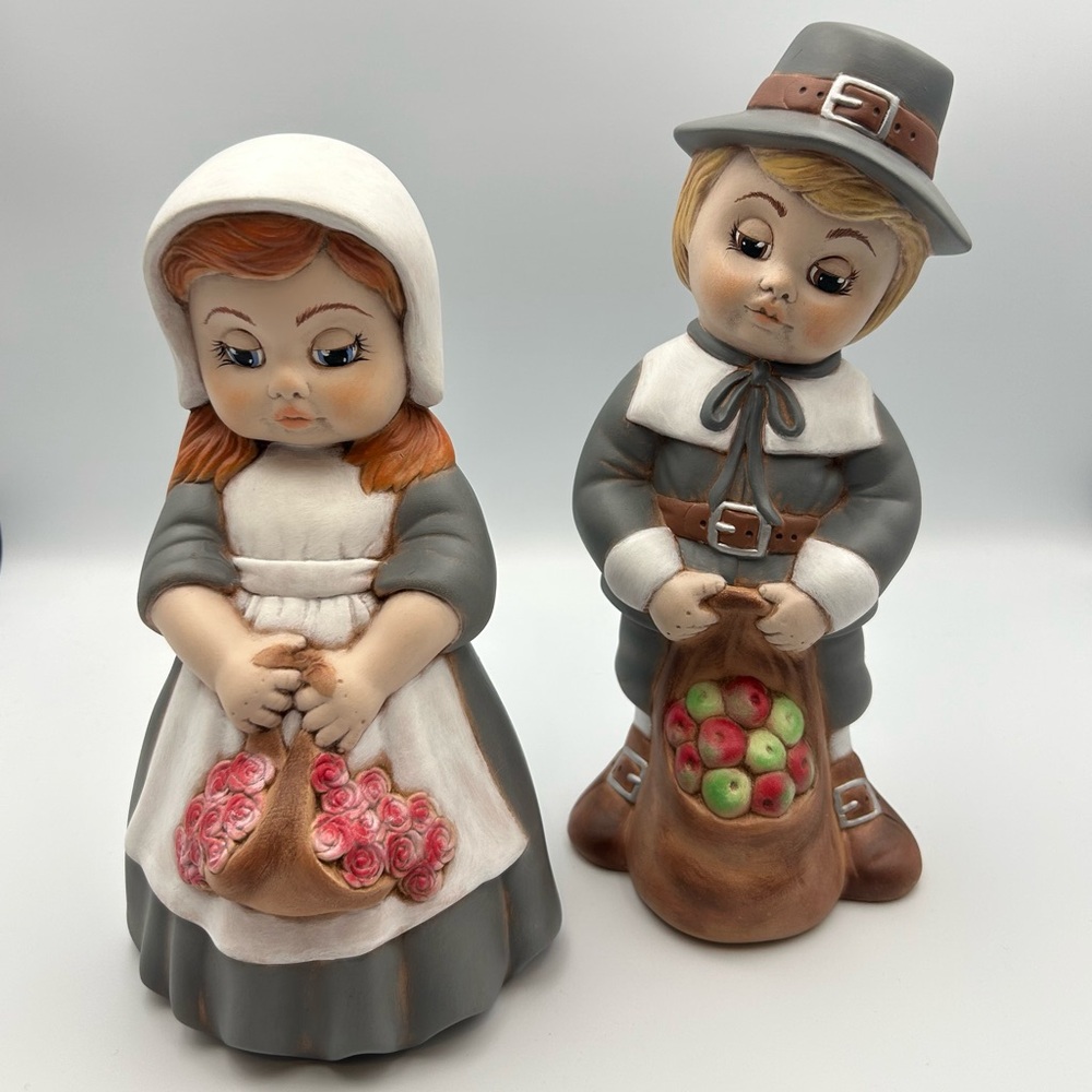 Hand-Painted Ceramic Pilgrim Boy and Girl Figurines with Apples and Roses
